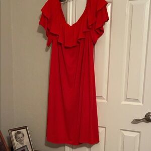 Red Midi Dress with Ruffle V-Neck